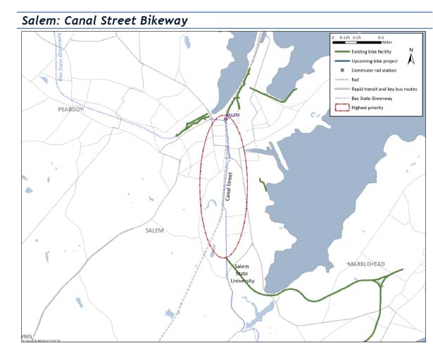 •	Section 5.3-Salem: Canal Street Bikeway  
This figure is a map that shows the gap between the Salem Commuter Rail station to Marblehead Rail Trail.
